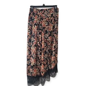 New! Esqualo Black Floral Lace Hem Skirt Gold Peach Tones Size 4